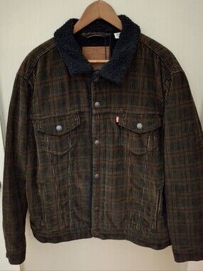 NWT Levi's Men's Brown Plaid Corduroy Jacket with Black Sherpa Collar_2
